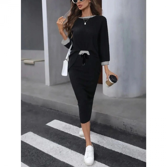 Kadın Uzun Kollu Yakası Açık şardonlu Kaşkorse Bluz Ve Eteği Bağcıklı Ikili Takım