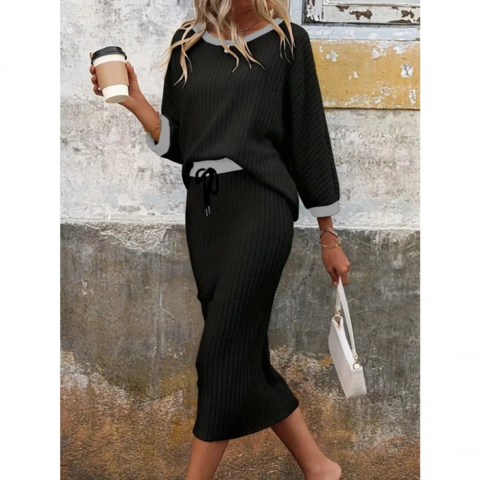 Kadın Uzun Kollu Yakası Açık şardonlu Kaşkorse Bluz Ve Eteği Bağcıklı Ikili Takım