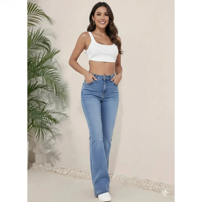 Kadın Yüksek Bel İspanyol Paça Kot Pantolon