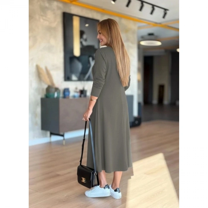 Kadın Uzun Kollu V Yakalı Midi çağla Yeşili Modal Elbise