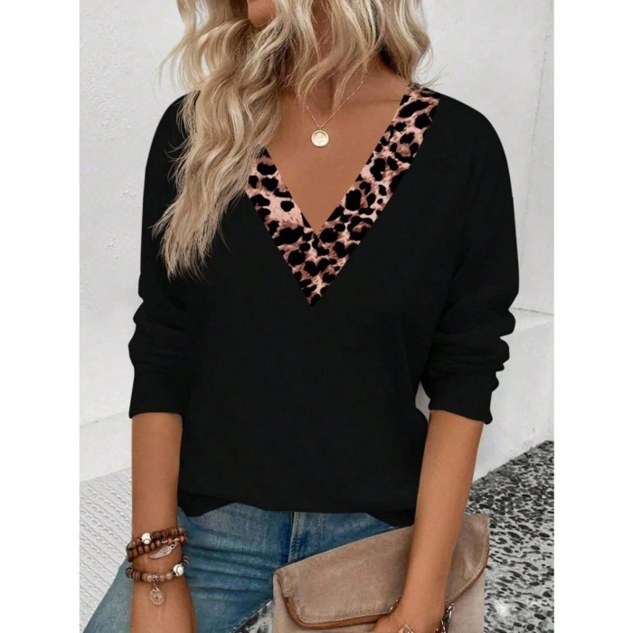 Kadın Uzun Kollu V Yakalı Leopar Detaylı Viskon Iki Iplik Bluz