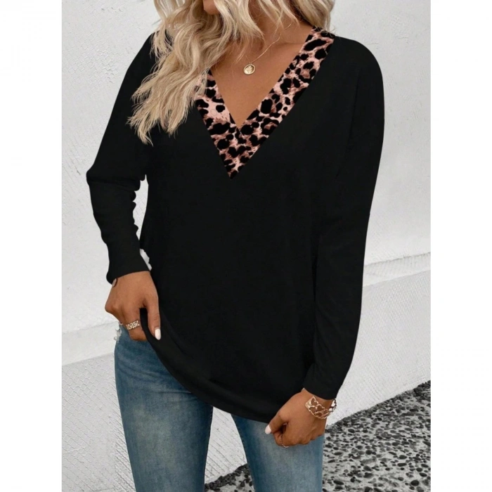 Kadın Uzun Kollu V Yakalı Leopar Detaylı Viskon Iki Iplik Bluz