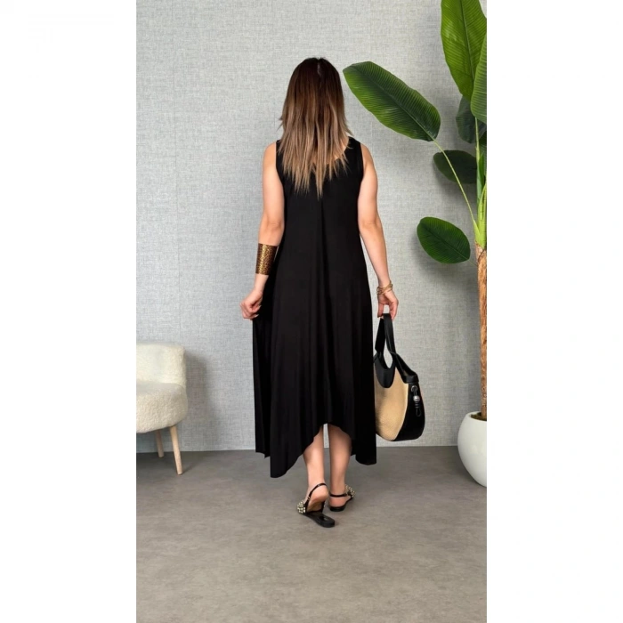 Kadın çan Dokuma Kumaş V Yaka Asimetrik Kesim Elbise