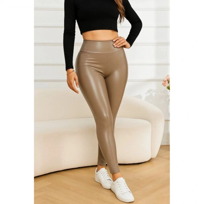 Kadın Yüksek Bel Deri Tayt