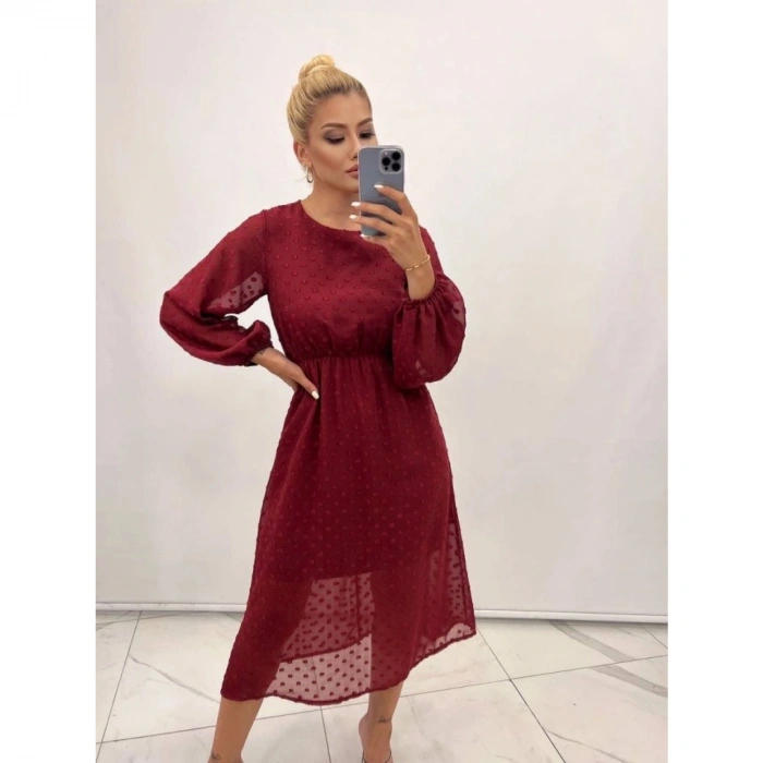 Kadın Uzun Kollu Astar Detay Fırsat ürün Ponpon şifon Elbise