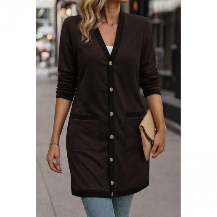 Kadın Uzun Kollu Cepli önden Düğmeli Uzun Modal Ceket Hırka