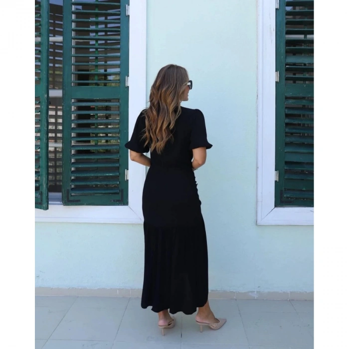 Kadın Kısa Kollu Bisiklet Yakalı Yandan Yırtmaçlı Büzgülü Janjan Krep Elbise