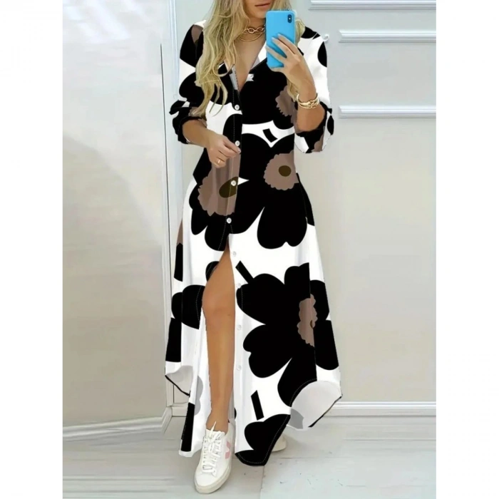 Kadın Yakalı önden Düğmeli çiçek Desenli Uzun Süprem Elbise