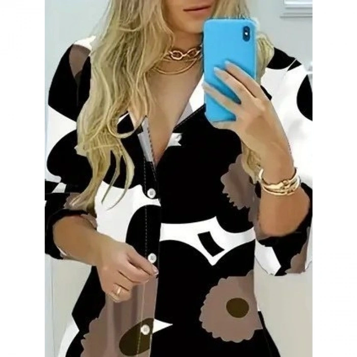 Kadın Yakalı önden Düğmeli çiçek Desenli Uzun Süprem Elbise