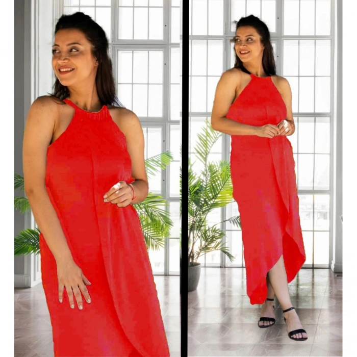 Boyun Askılı Eteği Kruvaze Kesim Viskon Kumaş Elbise