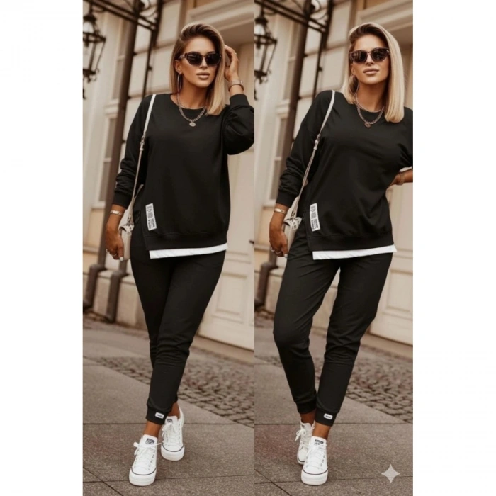 Kadın Uzun Kollu Bisiklet Yaka Yandan Fermuarlı Viskon Iki Iplik Bluz Ve Pantolon Ikili Takım