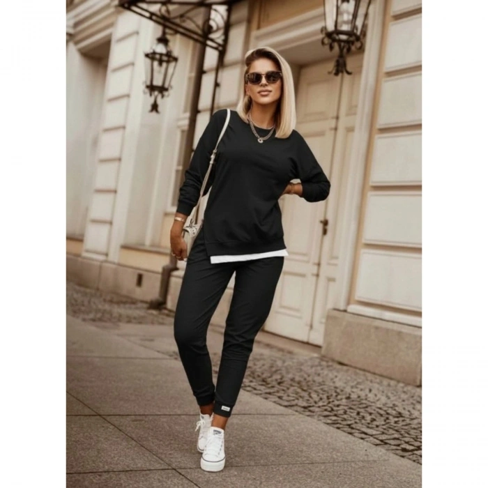 Kadın Uzun Kollu Bisiklet Yaka Yandan Fermuarlı Viskon Iki Iplik Bluz Ve Pantolon Ikili Takım