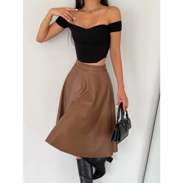 Kadın Yüksel Bel Deri Kloş Etek