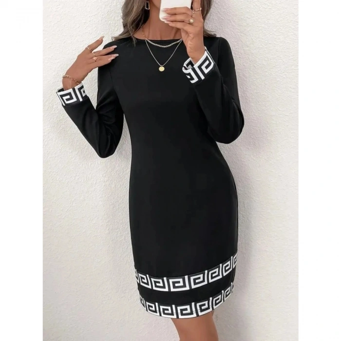 Kadın Uzun Kollu Bisiklet Yaka Mini Ithal Krep Elbise