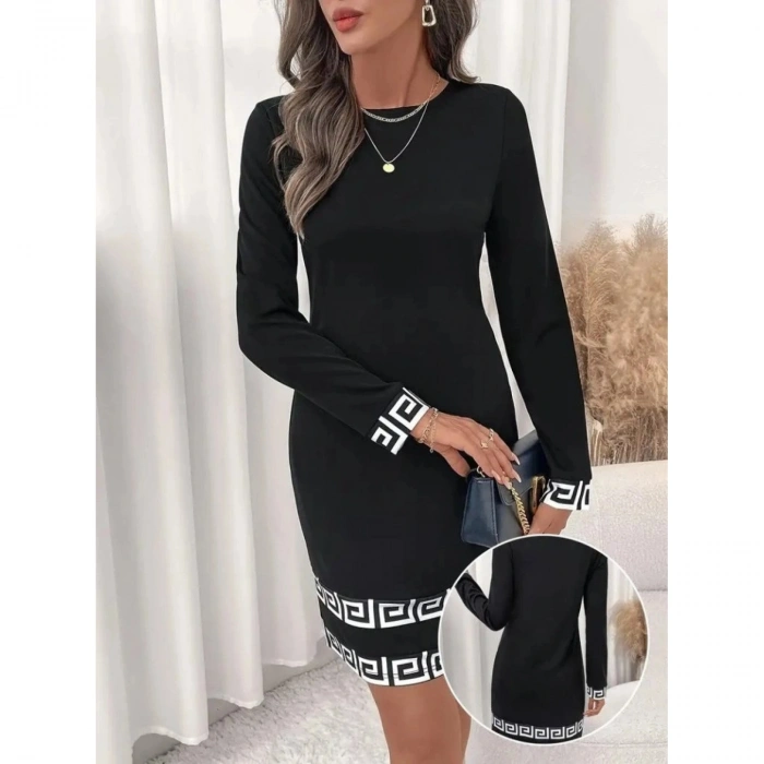 Kadın Uzun Kollu Bisiklet Yaka Mini Ithal Krep Elbise