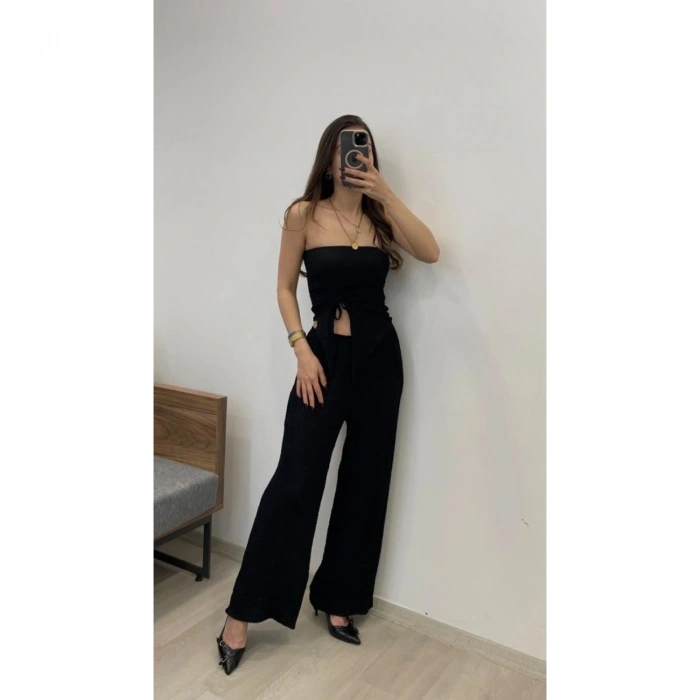 Kadın Sendy Kumaş Bağcık Detaylı Asimetrik Takım