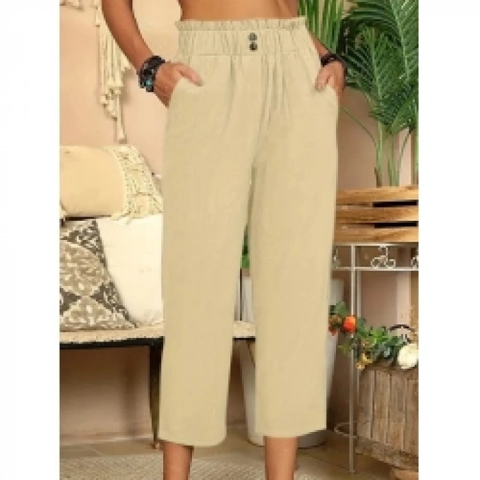 Kadın Bel Büzgü Ve Düğme Detay Kapri Keten Pantolon