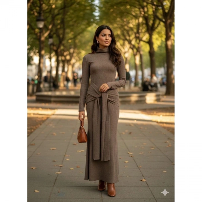 Kadın Uzun Kollubalıkçı Yaka Bürümcük Kumaş Kuşak Dahilkalem Elbise