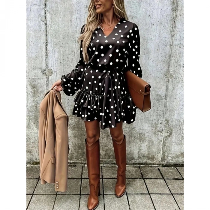 Kadın Uzun Kollu V Yakalı Belden Kuşaklı Puantiyeli Mini Modal Elbise