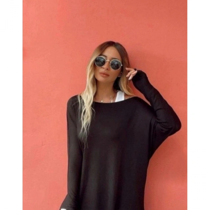 Kadın Uzun Kollu Tek Omuzdan Açık çilek Bluz Ve Viskon Atlet Ikili Takım