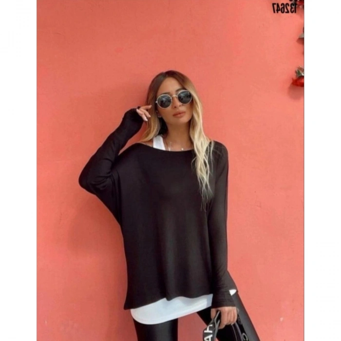 Kadın Uzun Kollu Tek Omuzdan Açık çilek Bluz Ve Viskon Atlet Ikili Takım