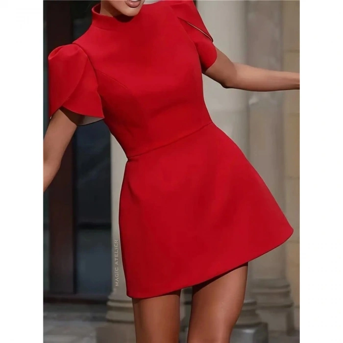 Kadın Kısa Kollu Balıkçı Yaka Arkadan Kelebek Dekolte Detaylı Kısa Atlas Elbise