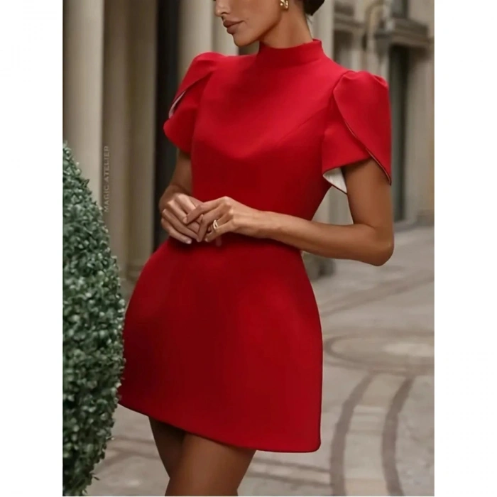 Kadın Kısa Kollu Balıkçı Yaka Arkadan Kelebek Dekolte Detaylı Kısa Atlas Elbise