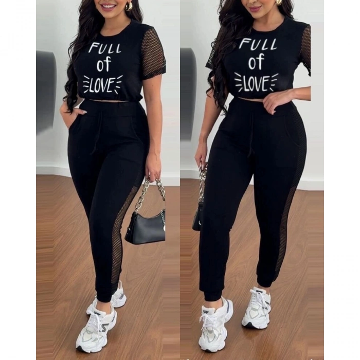 Kadın Kısa Kollu Bisiklet Yaka File Detaylı Viskon Iki Iplik Krop Ve Eşofman Altı Ikili Takım