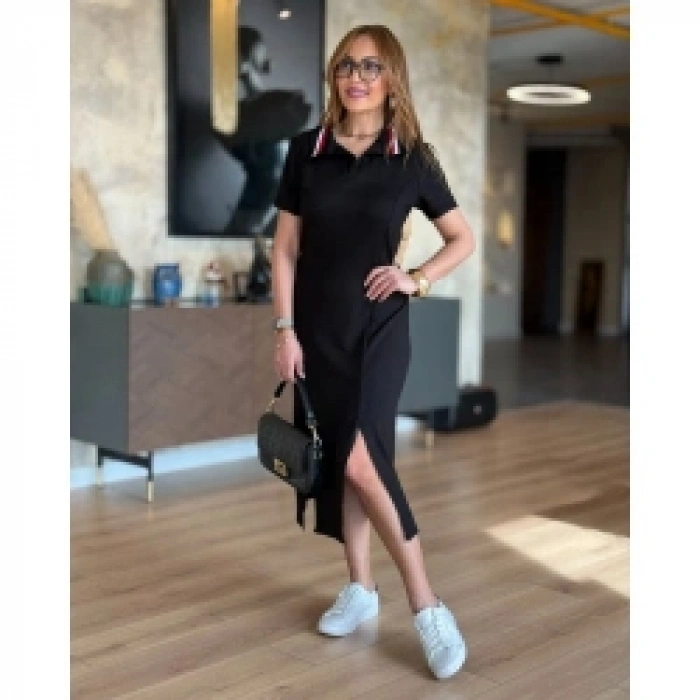 Kadın Yaka Ribanalı Çift Yırtmaçlı Elbise