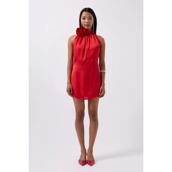 Gül Detay Mini Saten Elbise