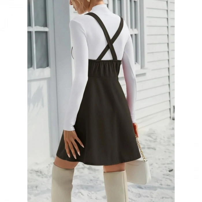 Kadın Askılı Düğmeli Mini Süet Elbise