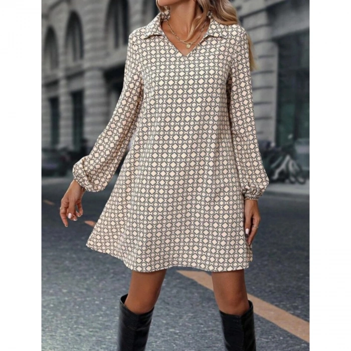 Kadın Uzun Kollu Yakalı Desenli Mini Modal Elbise