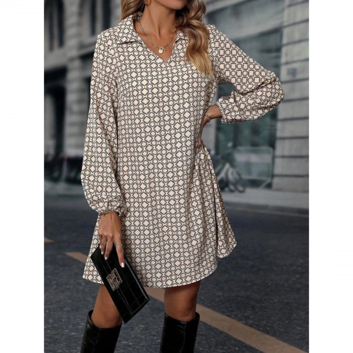 Kadın Uzun Kollu Yakalı Desenli Mini Modal Elbise