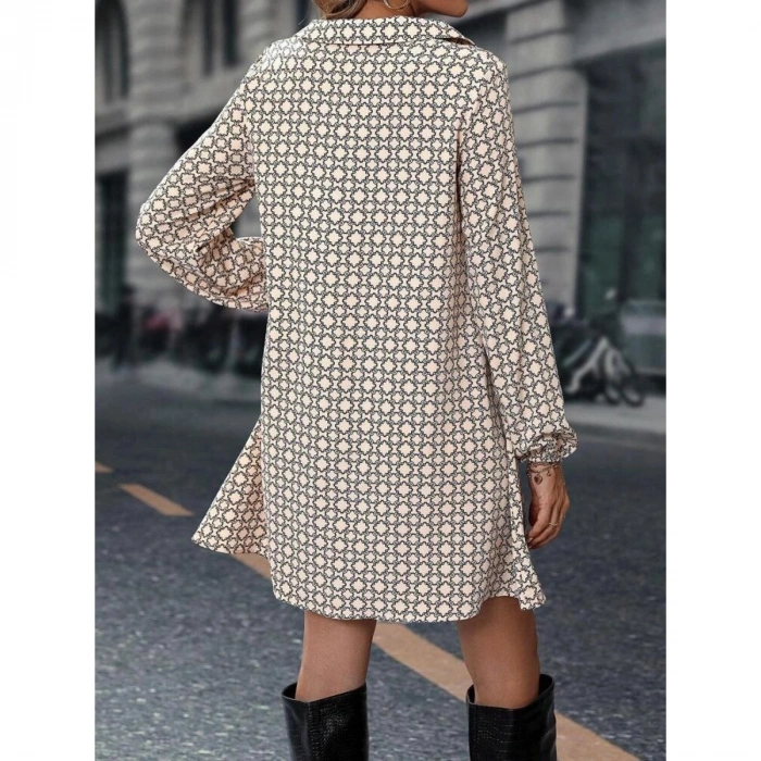 Kadın Uzun Kollu Yakalı Desenli Mini Modal Elbise