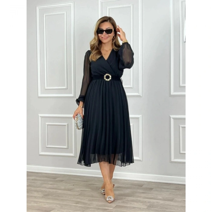 Kadın şifon Kumaş Astalı Kloş Kesim Kruvaze Yaka Midi Boy Elbise