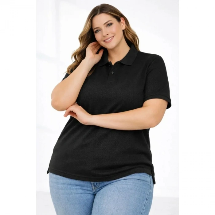 Pike Kumaş Düğmeli Yaka Battal Büyük Beden Günlük Kısa Kol Tişört T-shirt - Siyah