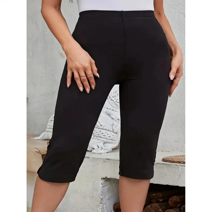 Kadın Yüksek Bel Yanlardan Düğmeli Kısa Ithal Krep Pantolon