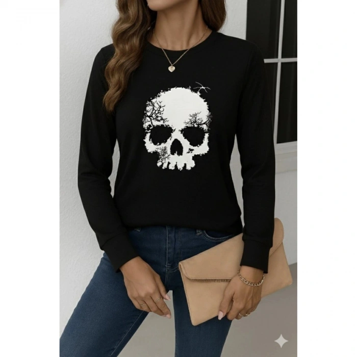 Kadın Uzun Kollu Bisiklet Yaka Kurukafa Desenli Viskon Bluz