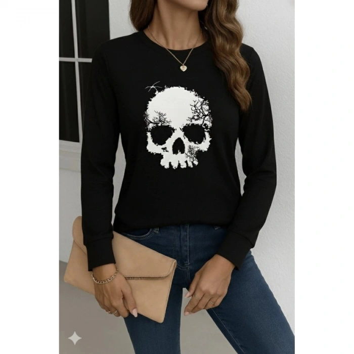 Kadın Uzun Kollu Bisiklet Yaka Kurukafa Desenli Viskon Bluz