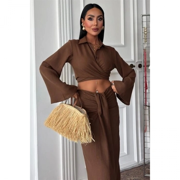 Crop Gömlekli Ve Eteği Büzgülü Tasarım Takım 10195