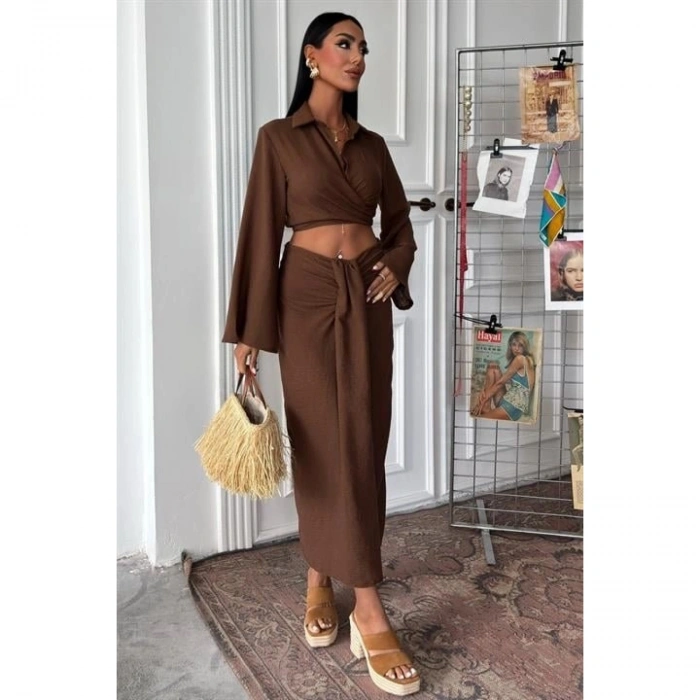 Crop Gömlekli Ve Eteği Büzgülü Tasarım Takım 10195