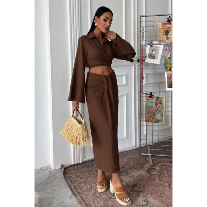 Crop Gömlekli Ve Eteği Büzgülü Tasarım Takım 10195