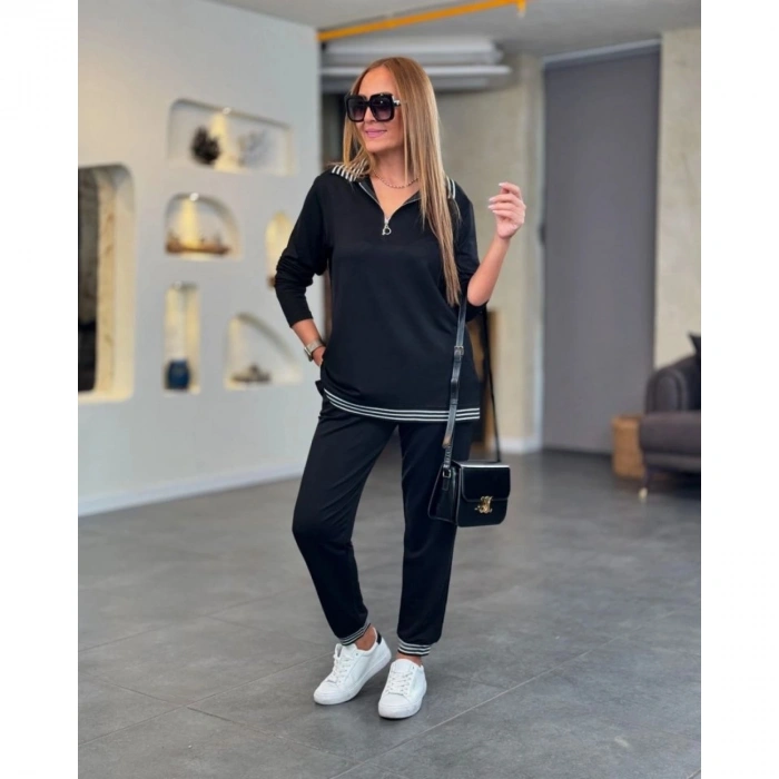 Kadın Uzun Kollu Ribana Ve Fermuar Detay Bluz Ve Yüksel Bel Pantolon 2li Takım