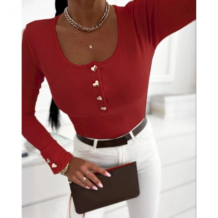 Kadın Uzun Kollu Yakadan Açık Ve Düğme Detaylı Kaşkorse Bluz