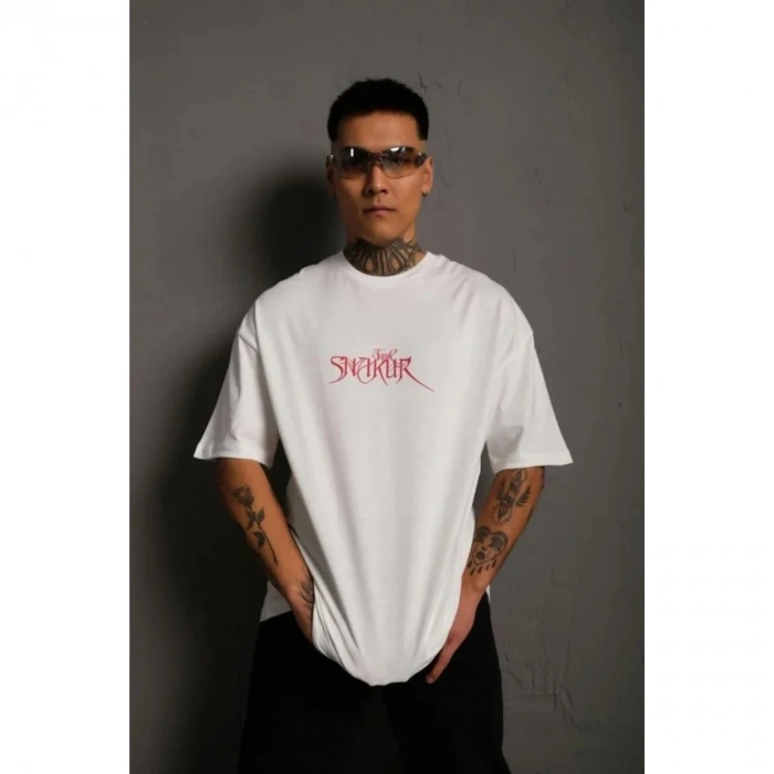 Erkek Sırt Baskılı Oversize T-Shirt - Beyaz