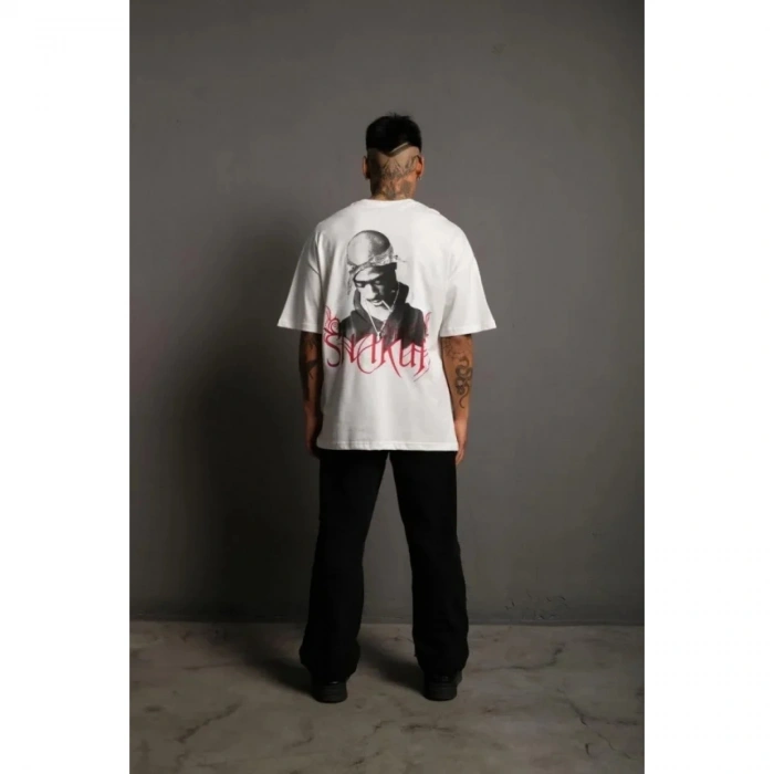 Erkek Sırt Baskılı Oversize T-Shirt - Beyaz