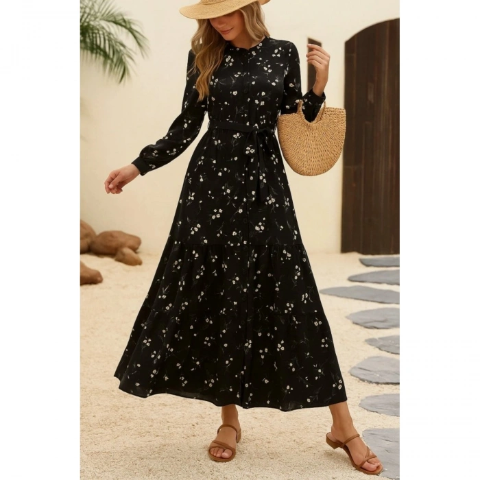 Kadın Uzun Kollu Hakim Yakalı Düğmeli Kuşaklı Desenli Maxi Mikro Süprem Elbise