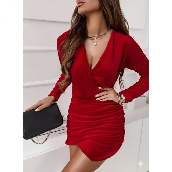 Kadın Uzun Kollu Kruvaze Yaka Yandan Büzgülü Mini Ithal Krep Elbise