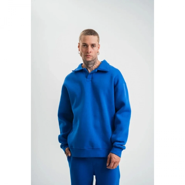 Erkek Patlı Yaka Üç İplik Pamuklu Sweatshirt Double Oversize Rahat Kalıp Günlük Kullanım - Mavi