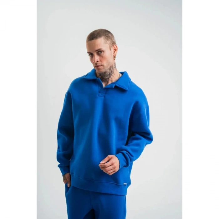 Erkek Patlı Yaka Üç İplik Pamuklu Sweatshirt Double Oversize Rahat Kalıp Günlük Kullanım - Mavi